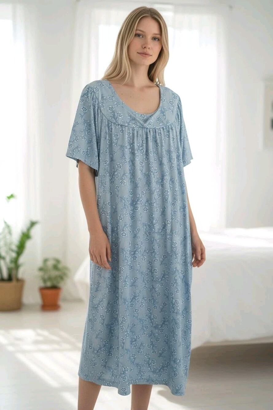 Ekouaer Nightgown Floral Night Gown Sz L Blue Short Sleeve Pockets House Muu muu